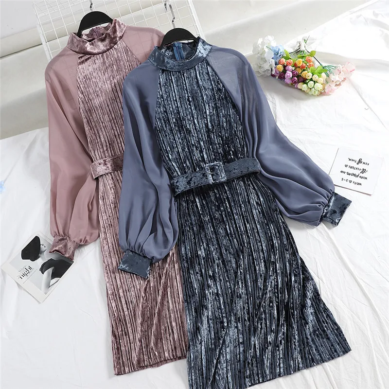 

2019 New Korean Women Fashion Dress Long Lantern Sleeve Retro Party Dress Vestidos Elegant Turtleneck Velvet Pleated Dress