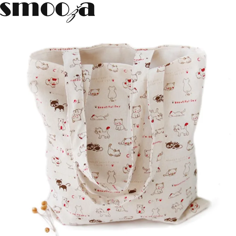 

SMOOZA Simple Fresh Cotton Fabric Shopping Bag Women Printing cat print Shoulder Handbag Totes Package Female Hemp Beach Bag