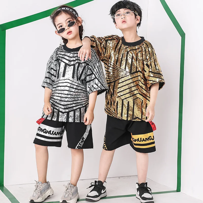

Shiny Gold Silver Sequin Summer T Shirt Pants Kids Girl Boy Hiphop Dance Costumes Children Stage Clothes for Hip Hop Jazz Drums