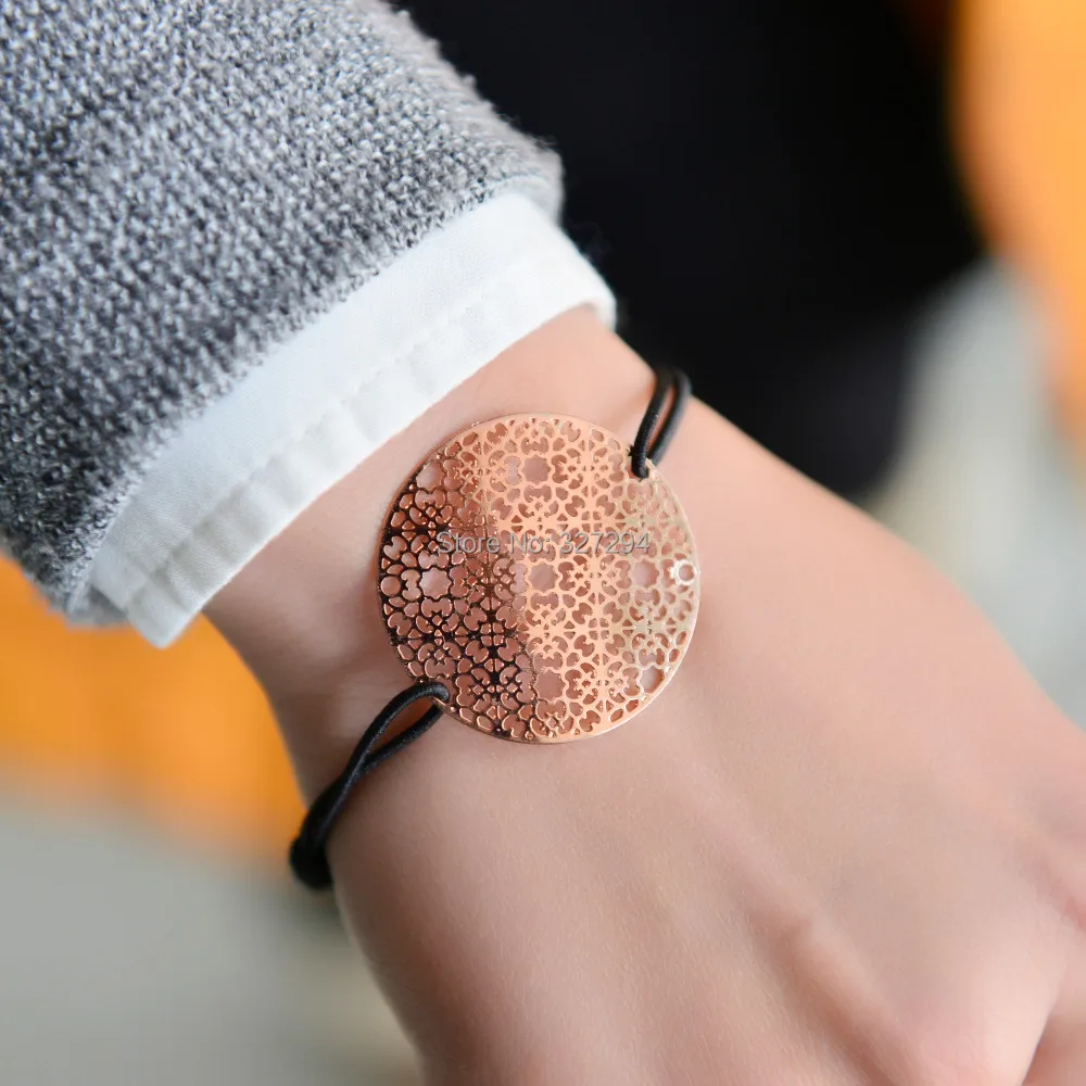 

2017 Fashion Unique Handmade Simple Women Flower Stamping Adjustable Rose Gold Color Bracelet Bangle Elastic Jewelry
