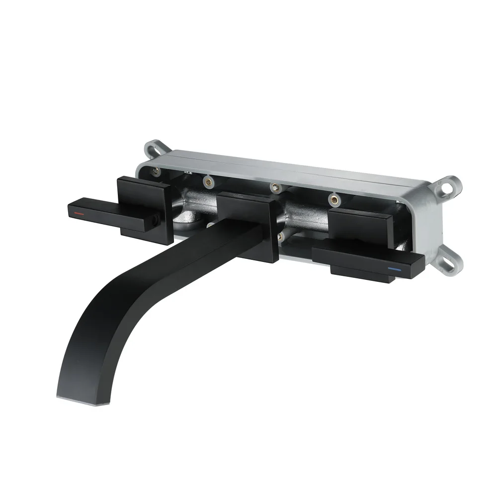 Wall Mounted With Embedded Box Basin Faucets Black Bathroom Sink Taps Chrome Mixer Faucet Brass Double Handles Tap Square
