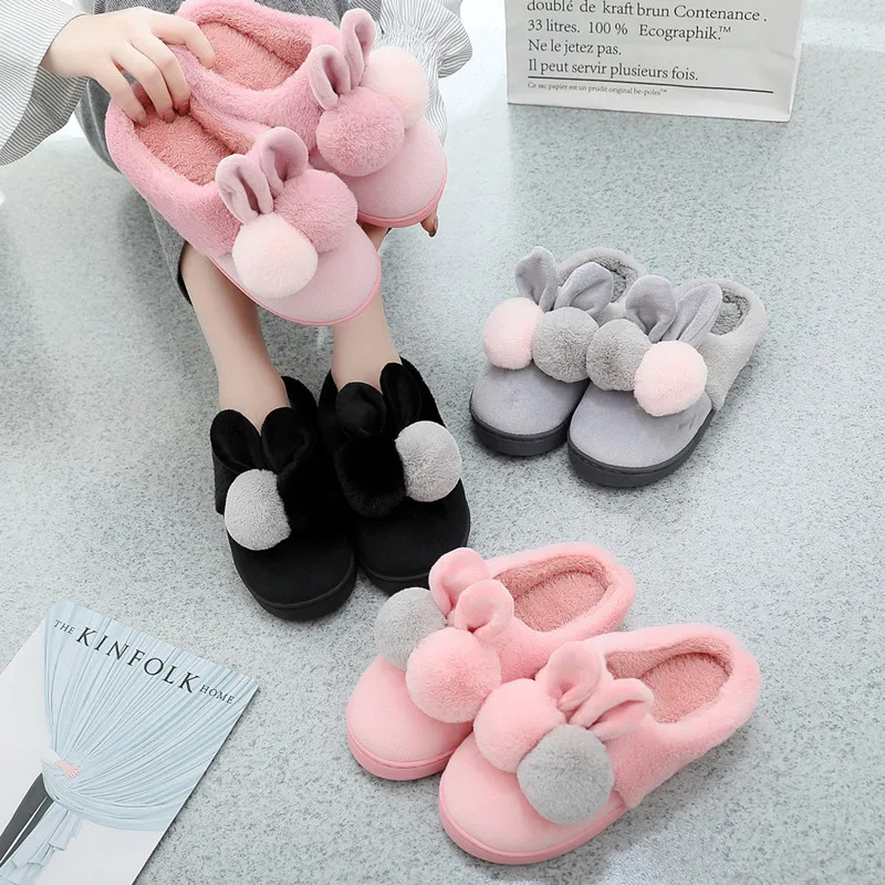 Winter Home Slippers Cartoon Rabbit Ears Shoes Women Soft