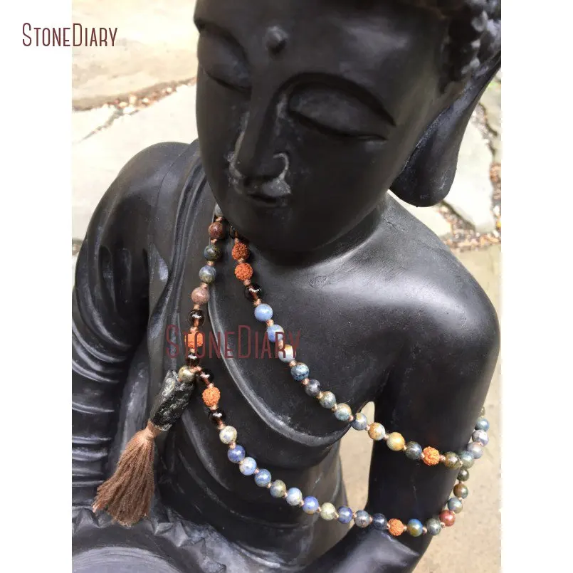 20180312-NM10924-Hand knotted Dumortierite & Rudraksha 108 Bead Mala smoky quartz black tourmaline root chakra protect grounding boho yoga meditation_1