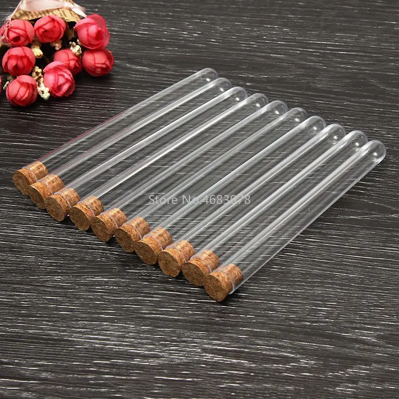

50pcs/pack16x150mm Best Price Transparent Laboratory Clear Plastic Test Tubes Vials With Cork stopper School Lab Supplies