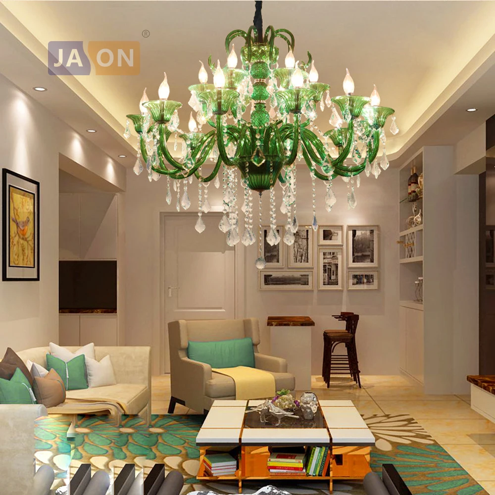 led e14 European Iron Crystal Glass Green Chandelier Lighting LED Lamp LED Ligh For Foyer Dinning Room Lounge Area