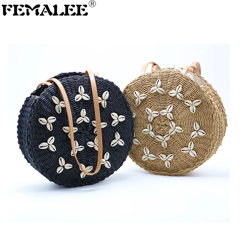 

Women Circle Straw Bags Summer Handmade Rattan Bag Woven Shell Beach Shoulder Bag Round Bohemia Handbag Bali Bolsa Feminina