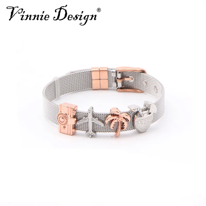 Vinnie Design Jewelry Keeper Stainless Steel Mesh Bracelet with 4pcs Slide Charms Silver Rose Gold Wrap Bracelets Keepers