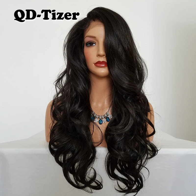 QD-Tizer Long Body Wave Synthetic Lace Wig Glueless Brown Color Free Part Heat Resistant Synthetic Lace Front Wig for Women