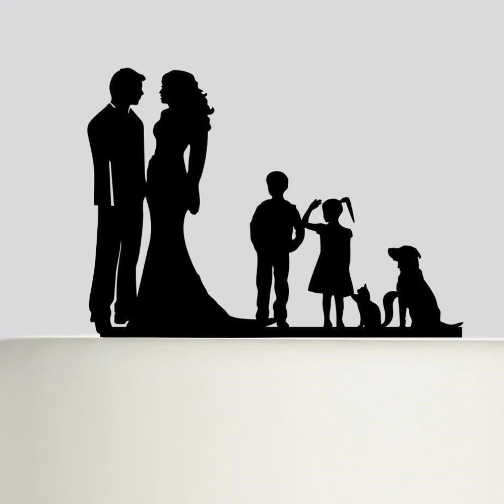 Wedding Cake Topper ,Bride and Groom with  boy and girl Dog and cat silhouette Topper,Commemorate Wedding Cake Topper Decoration
