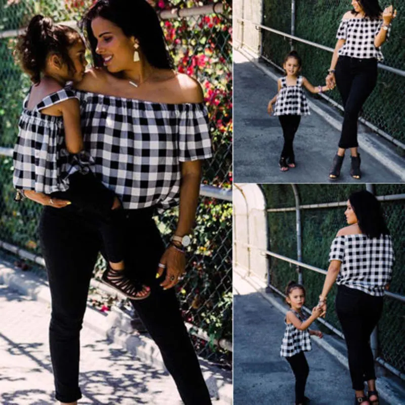 Summer-Family-Match-Off-Shoulder-Plaid-T-Shirt-Mother-Daughter-Kid-Girls-Casual-Top-T-Shirt (2)