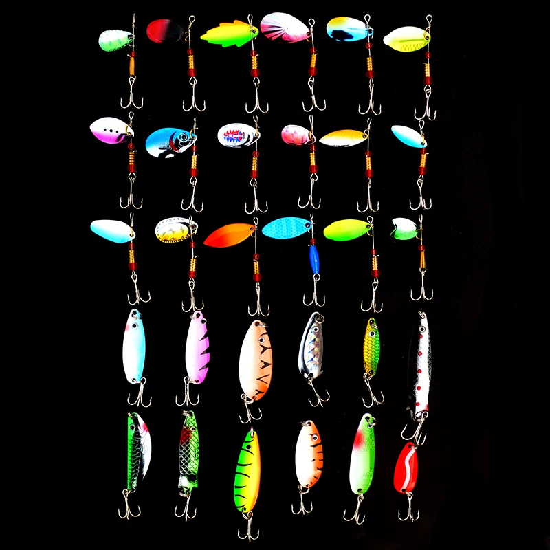 Fishing Spinnerbait Lures 30pcs/set Mixed Size Metal Spoon Spinners with Treble Hooks Salmon Trout Artificial Bait | Спорт и