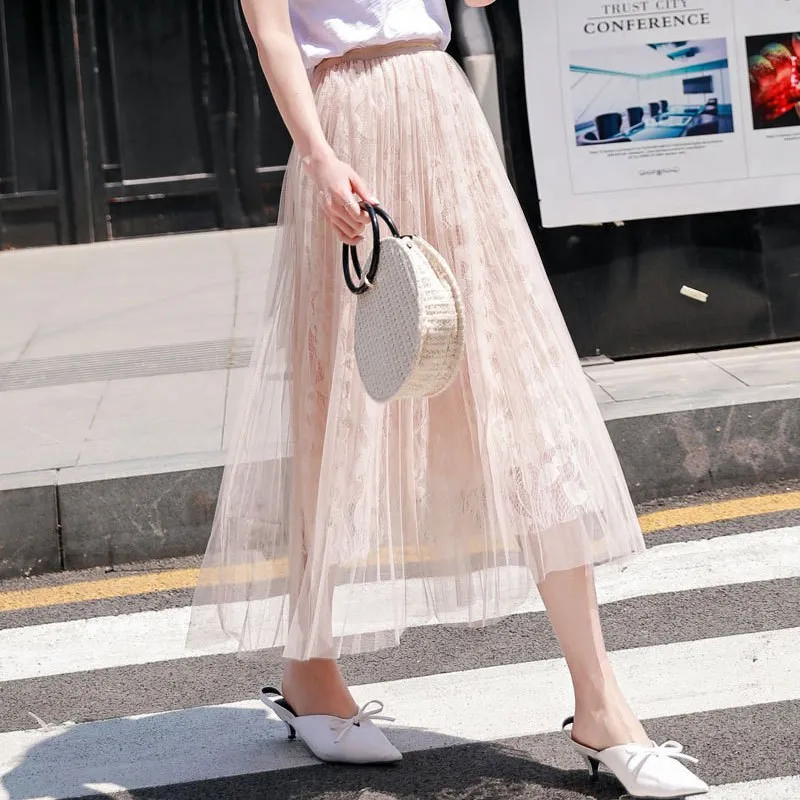 

Women's Elegant Hollow Out Florals Tulle Skirt Ladies High Waist Pleated Black Lace Mesh Midi Skirts Saias 2019 Spring SK309