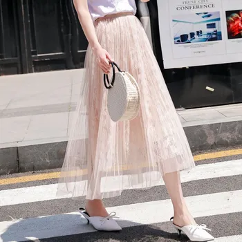 

Women's Elegant Hollow Out Florals Tulle Skirt Ladies High Waist Pleated Black Lace Mesh Midi Skirts Saias 2019 Spring SK309