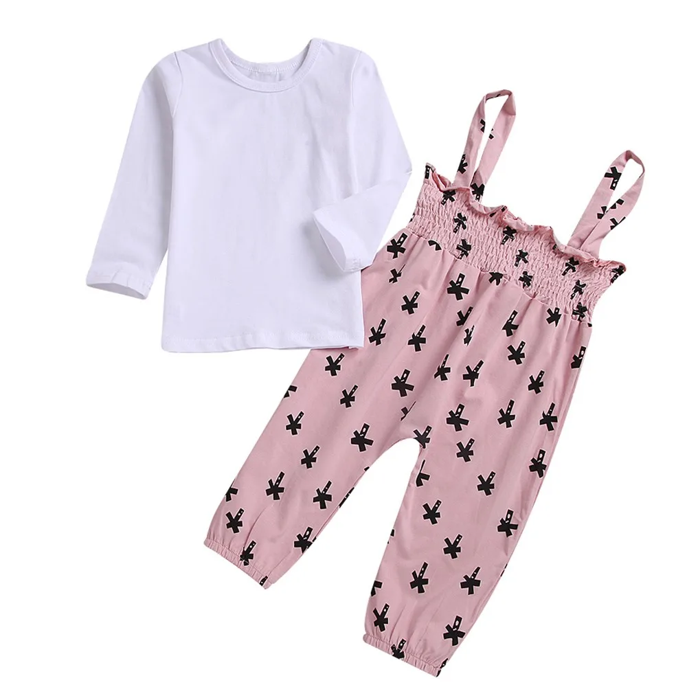 

Baby Girl Long Sleeve Kids Clothes Toddler Kid Baby Girls Solid Tops Bowtie Print Ruched Overall Pants Trousers Set Outfits Sets