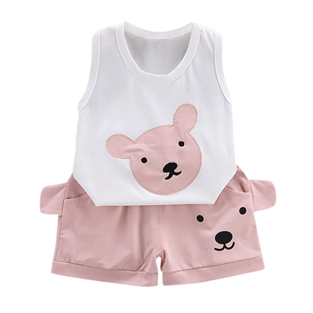 

2019 Children Clothes Boy Summer Children Boy Kids Cartoon Bear Print O-Neck Sleeveless Tops + Shorts Outfit Clothing Set