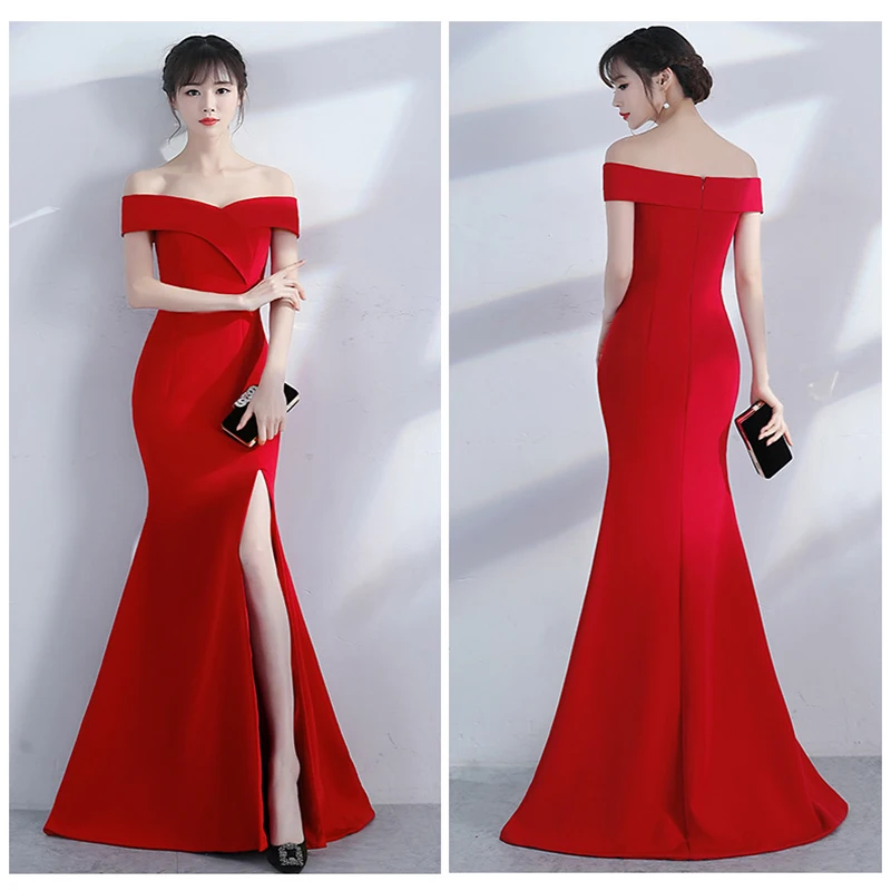 قبالة الكتف الجانب الشق فستان طويل دي سواريه المرأة أنيقة الرسمي رداء Burgundry Vestido مساء حزب Bodycon فساتين