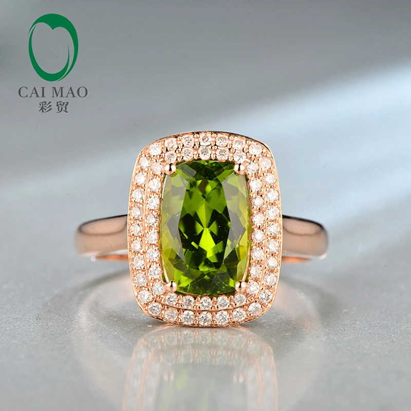 Caimao 7x10mm polštářový střih 3.27ct Natrual Green Peridot Halo Pave Diamonds 14 K Rose Gold zásnubní prsten