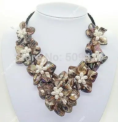 

Free Shipping Jewelry Natural Mother of Pearl Shell Weave Flowers Pendant Necklace 18" Brown