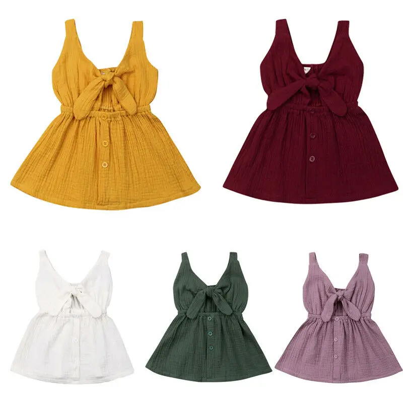 

6 M-4 Years Toddler Baby Girls Clothes Dress Bow Sundress Sunsuit Cotton Linen Outfits