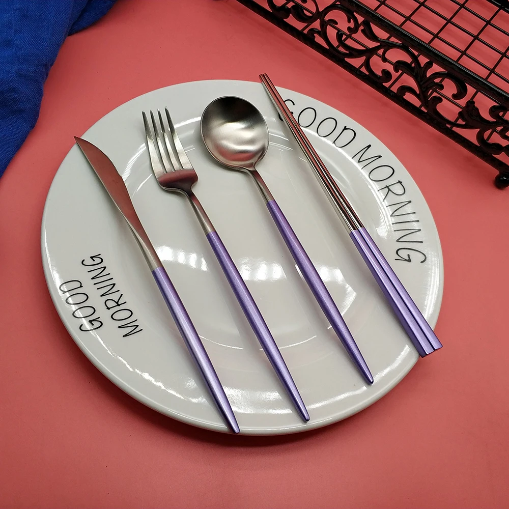 Горячая 4 шт. фиолетовый Серебряный столовая посуда 304 нож из нержавеющей стали вилка ложка палочки для еды Столовые приборы, для кухни посуда столовые приборы набор столовых приборов