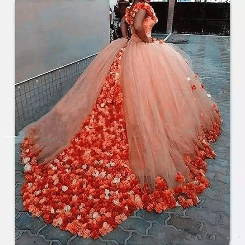 Фиолетовое бальное платье Бальные платья с цветами ручной работы с открытыми плечами свадебное платье с длинным шлейфом Формальные платья - Цвет: Оранжевый