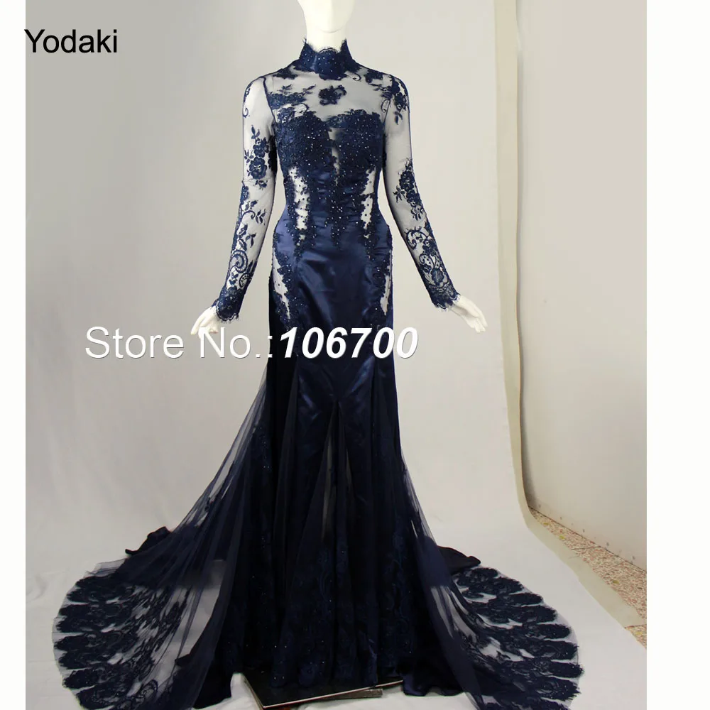 

High End Quality Mermaid Evening Dresses Sheer High Neck Long Sleeve Sexy Cutout Applique Embroidery Lace Stone Beaded Prom Gown