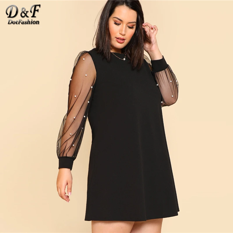 Billige Dotfashion Plus Größe Schwarz Perle Perlen Mesh Hülse Kleid Frauen Kontrast EINE Linie Kleider 2020 Frühling Casual Langarm Kleid