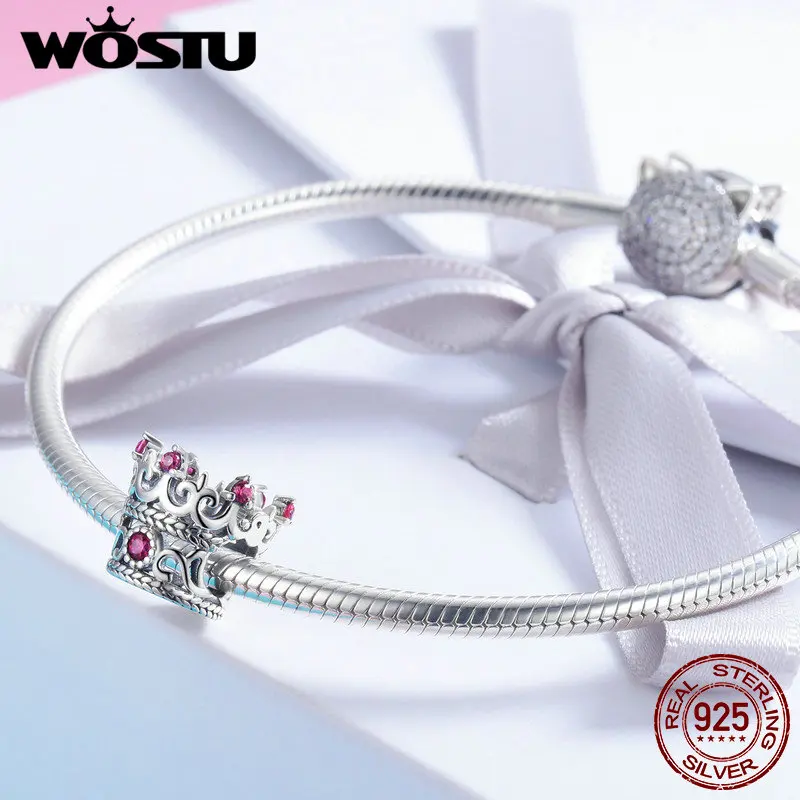 WOSTU стерлингового серебра 925 пробы Королевская корона розовый CZ подвески-шармы браслет и ожерелье женские модные ювелирные изделия BKC776