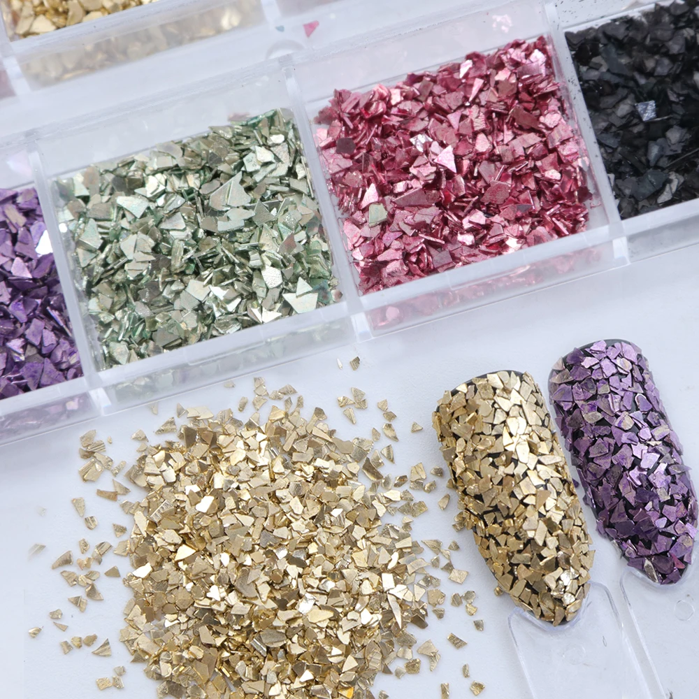 Juego de brillo de uñas de vidrio Borken Color mixto oro púrpura forma Irregular uñas arte polvo lentejuelas polaco 3D consejos manicura LALY