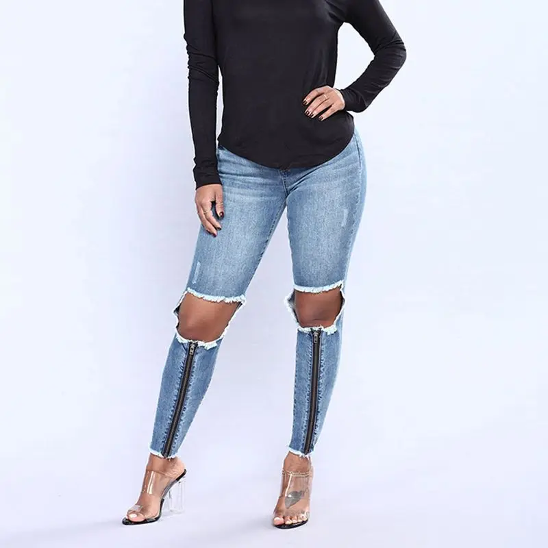 New Slim Hole Jeans Pants Casual Women High Waist Skinny