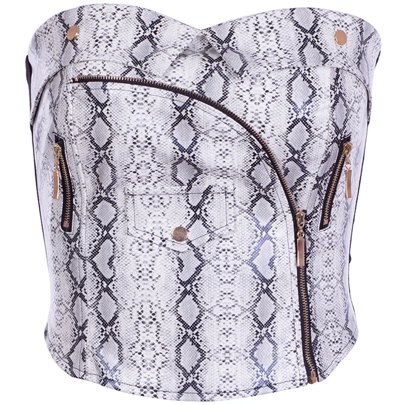 InstaHot Snake Print Zippers Pocket Pu Crop Tops Women Sexy Faux Leather Elastic Tube Tops Strapless Bustier Basic Top Seamless