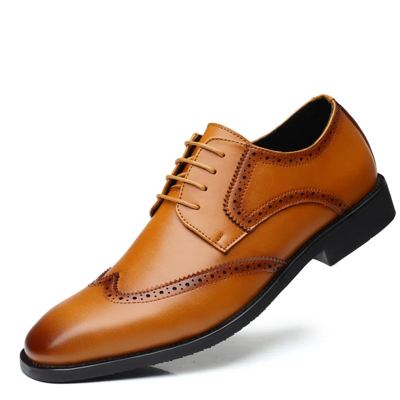 M-anxiu/Большие размеры 38-48; Мужская обувь из воловьей кожи; модные кожаные модельные туфли; коллекция года; мужские туфли-оксфорды с перфорацией типа «броги» с острым носком для свадьбы - Цвет: Цвет: желтый