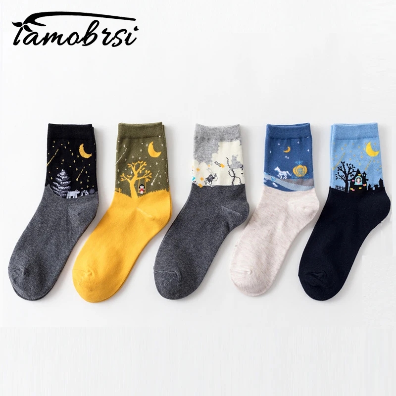 

2018 Halloween Moon Tree Meteor Cabin kawaii Women's Casual Socks Sweet Cute Women Socks Lady Autumn Winter Cotton Socks Female