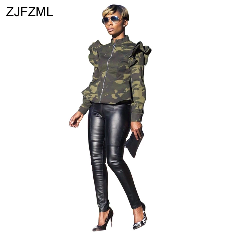 

Camouflage Print Sexy Slim Coat Women Stand Collar Ruffles Long Sleeve Bandage Jacket Streetwear Front Zipper Large Size Outwear