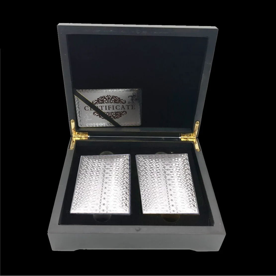 

11 Style Silver Poker Plastic Poker with Wooden Box and Gold Certificate Premium Gift Free Shipping