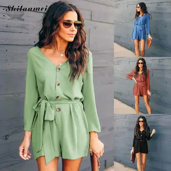 

2019 V Neck Button Lace Up Playsuit New Causal Long Sleeve Jumpsuit Women Romper Causal Loose Solid Sashes Beach Women Overalls