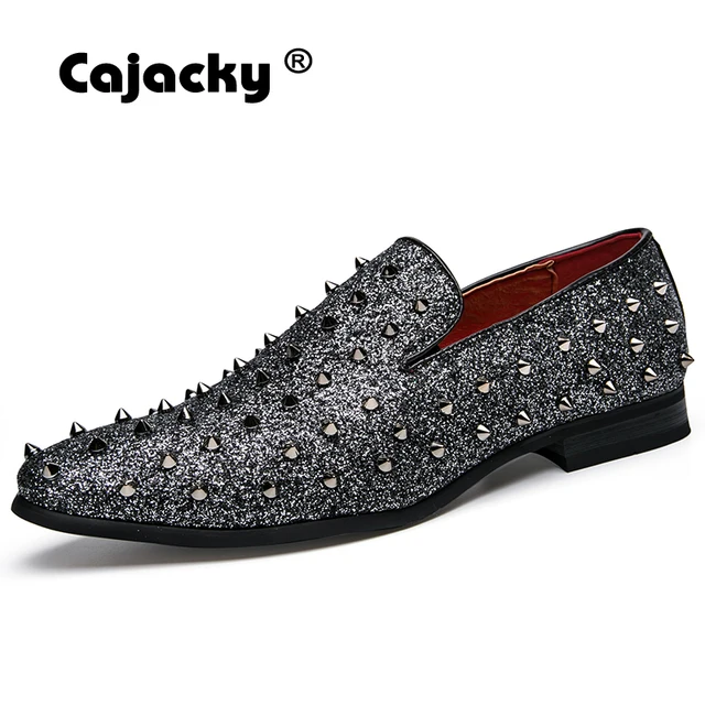 Cajacky Men Rivet Loafers Pointed Toe Dress Shoes Red Bottom Glitter Cajacky Men Rivet Loafers Pointed Toe Dress Shoes Red Bottom Glitter Wedding Party Black Silver