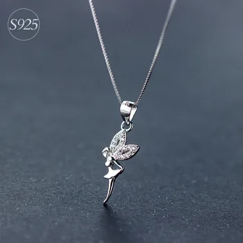 

Real. 925 Sterling Silver Fairy Tale Girl Necklace Pendant Angel Wings Clear CZ Paved GTLX444