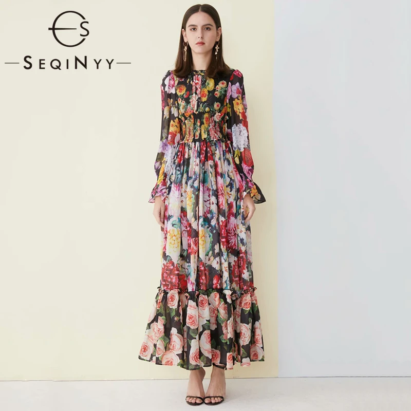 

SEQINYY Chiffon Elegant Dress 2019 Summer Spring New Fashion Design Draped Elastic Waist Long Sleeve Flowers Printed Long Dress