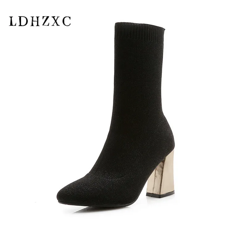 

LDHZXC Women Shoes Mid Calf Boots Fashion Stretch Fabric Thin High Heel Pointed Toe Sock Boots Winter Women Boots Size 34-46
