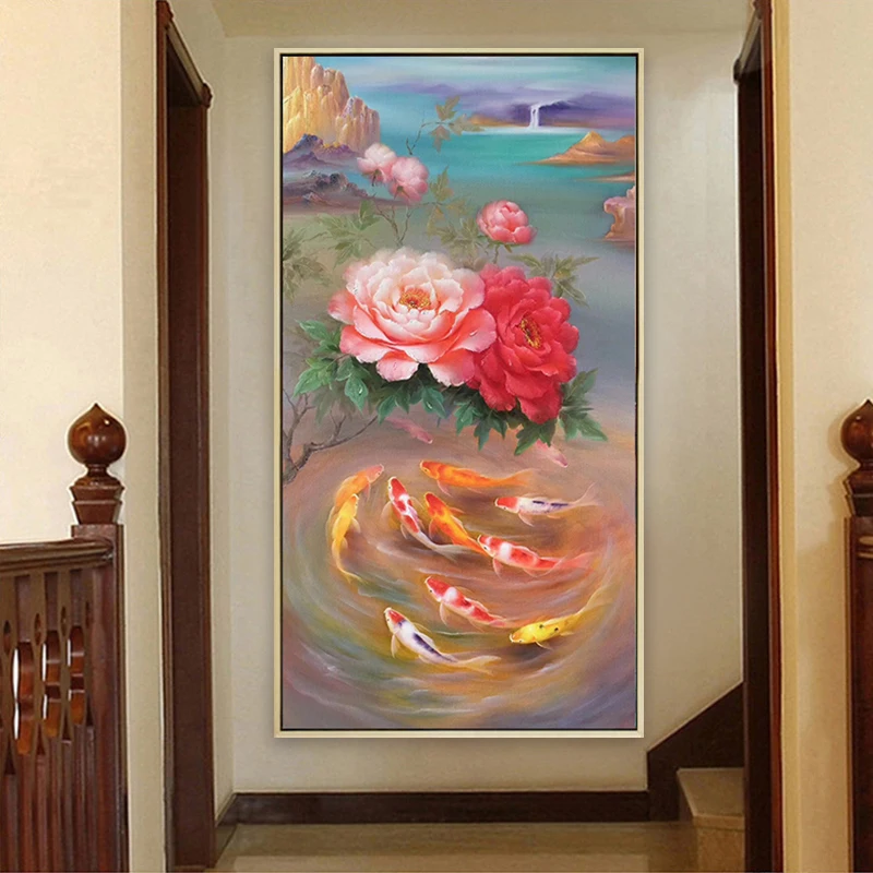 

New Hot Diy Diamond Embroidery Kit Hand Painted Oil Painting Series Beautiful Flower and Fish Pattern Diamond Mosaic Home Decor
