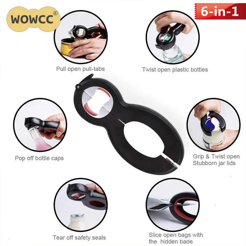 

WOWCC 6 in 1 Multi Function Twist Bottle Opener All in One Jar Gripper Can Wine Beer Lid Twist Off Jar Opener Claw