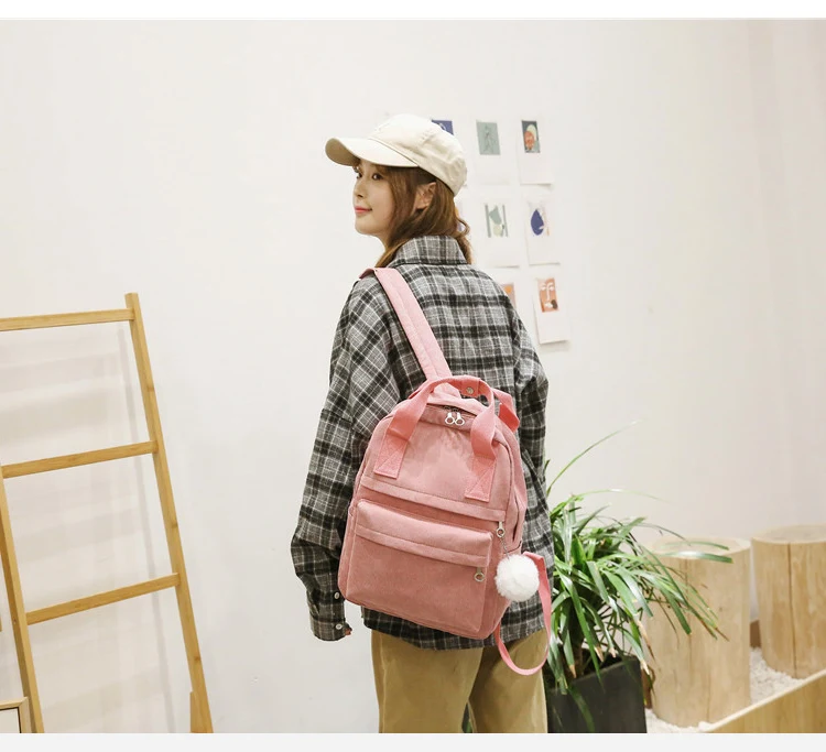 Menghuo New Backpack for Women Fur Ball Solid Color Corduroy Backpack for Girls Spring Winter Velvet Travel Bag Mochila Feminina_23