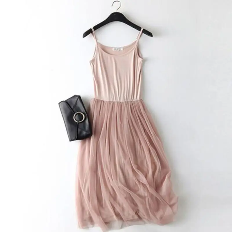 Sleeveless Mesh patchwork basic spaghetti strap Dress For Women 2020 Spring Tulle Elastic Lace Vest Summer Dress Female Sleeveless Mesh patchwork basic spaghetti strap Dress For Women 2020 Spring Tulle Elastic Lace Vest Summer Dress Female