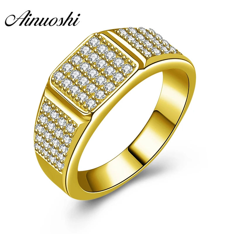 AINUOSHI 10K Solid Yellow Gold Men Ring SONA Diamond Geometric Cluster Ring Wedding Engagement Gold Jewelry 5.9g Wedding Band