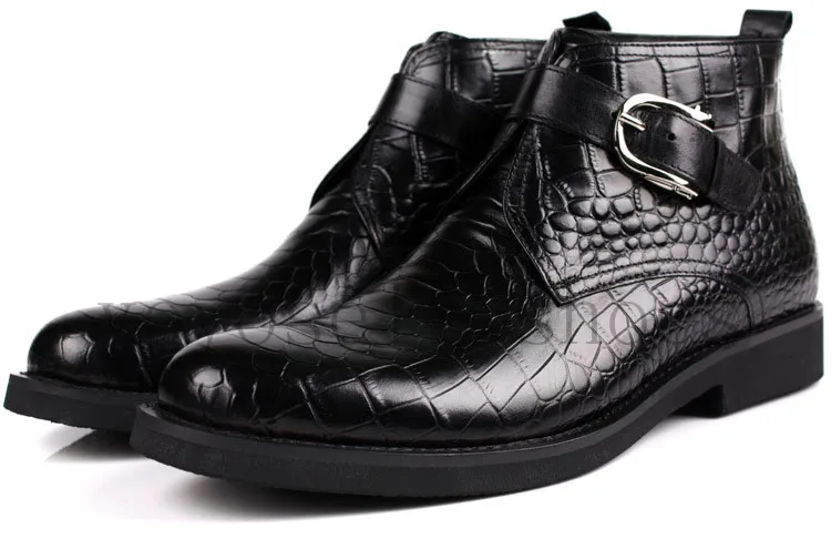 Крокодил зерна загар/Черный Мужские ботильоны пояса из натуральной кожи сапоги и ботинки для девочек Мужские модельные туфли с пряжк