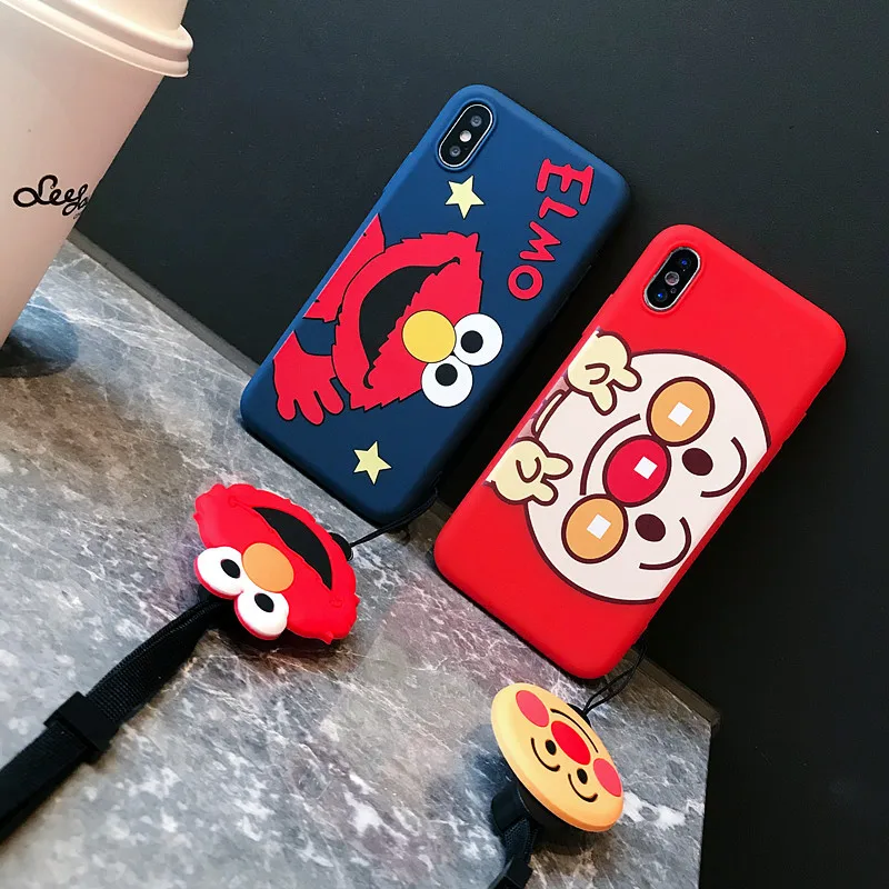 

Cute cartoon Sesame Street Anpanman soft candy TPU back cover + Strap for iphone 6 6s 7 8 plus X Xs Max XR phone cases fundas