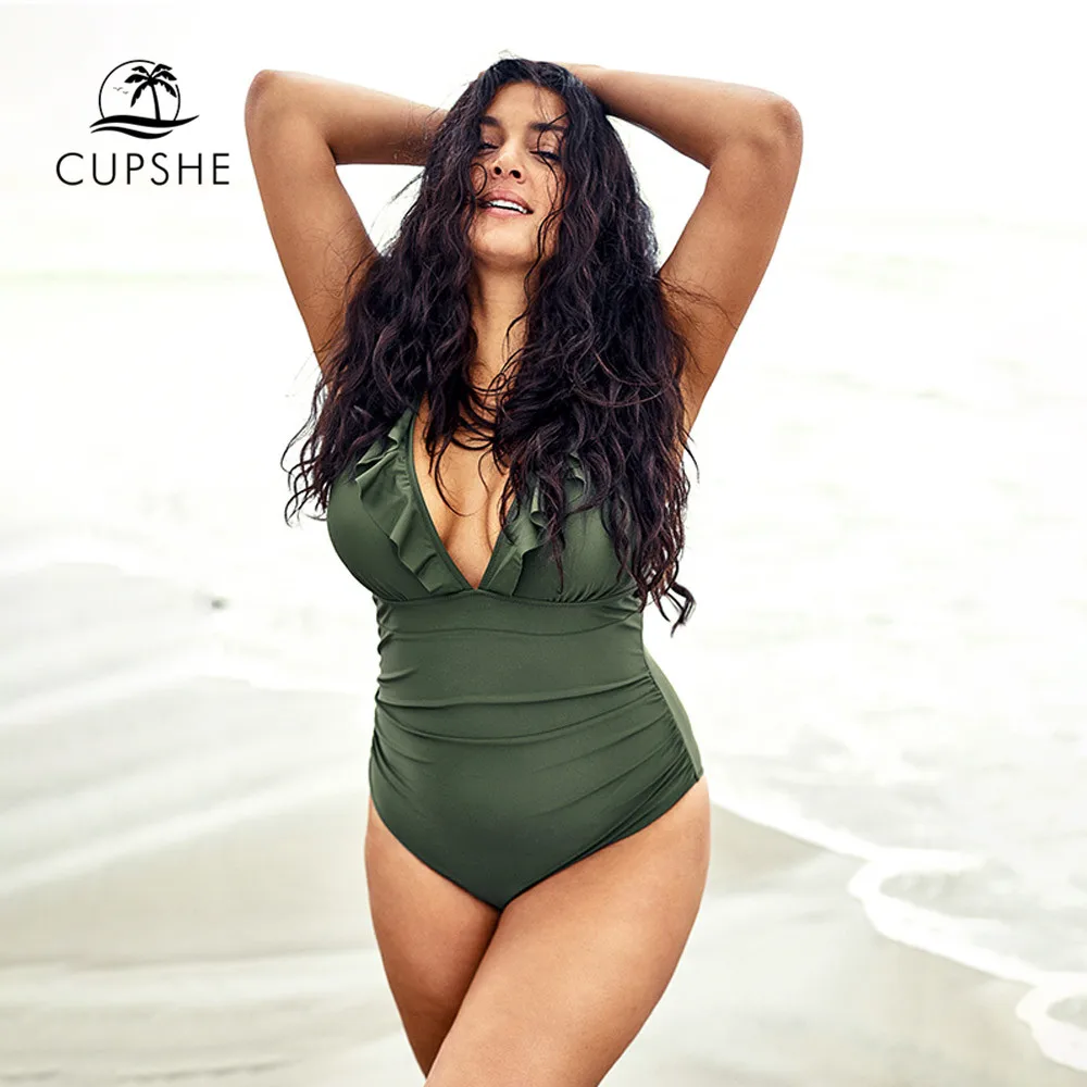Billige CUPSHE Plus Größe Grün Gekräuselte V ausschnitt Badeanzug Frauen Sexy Kreuz Monokini Badeanzüge 2020 Mädchen Strand Bademode