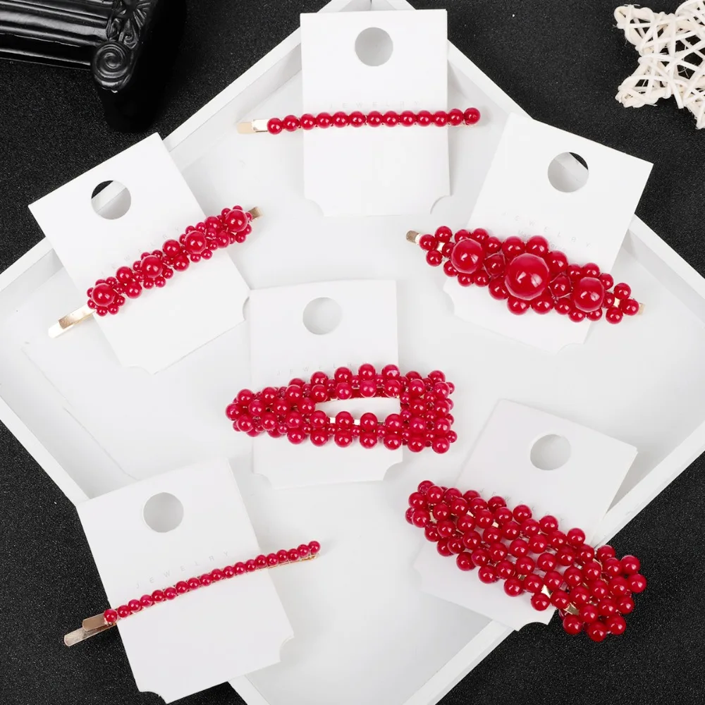 1Pcs New Arrival Korea Fashion Red Pearl Metallic Gold Hair Clip Sweet Girl Wedding Hair Design Accessories Hair Styling Tools
