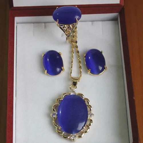 

Wholesale noble 13*18mm 18kgp plated blue opal ring(#6,7,8,9) earrings &pendant fashion jewelry set002